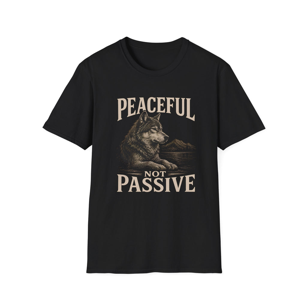 Black t-shirt with wolf graphic and text 'peaceful not passive' 