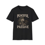 Black t-shirt with wolf graphic and text 'peaceful not passive' 