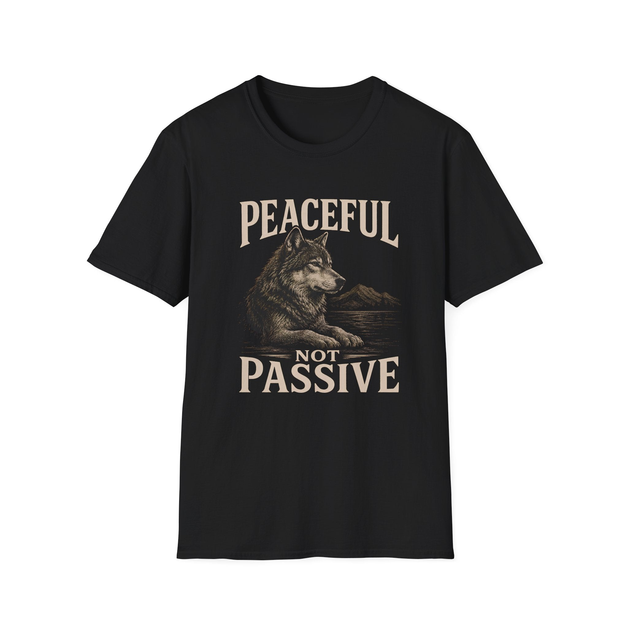 Black t-shirt with wolf graphic and text 'peaceful not passive' 