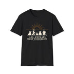 Black graphic T-shirt design showing a pig, cow, chicken, sheep and person sitting together beneath a sunrise with the words “All Animals Want Tomorrow” and “Same Sunrise.”
