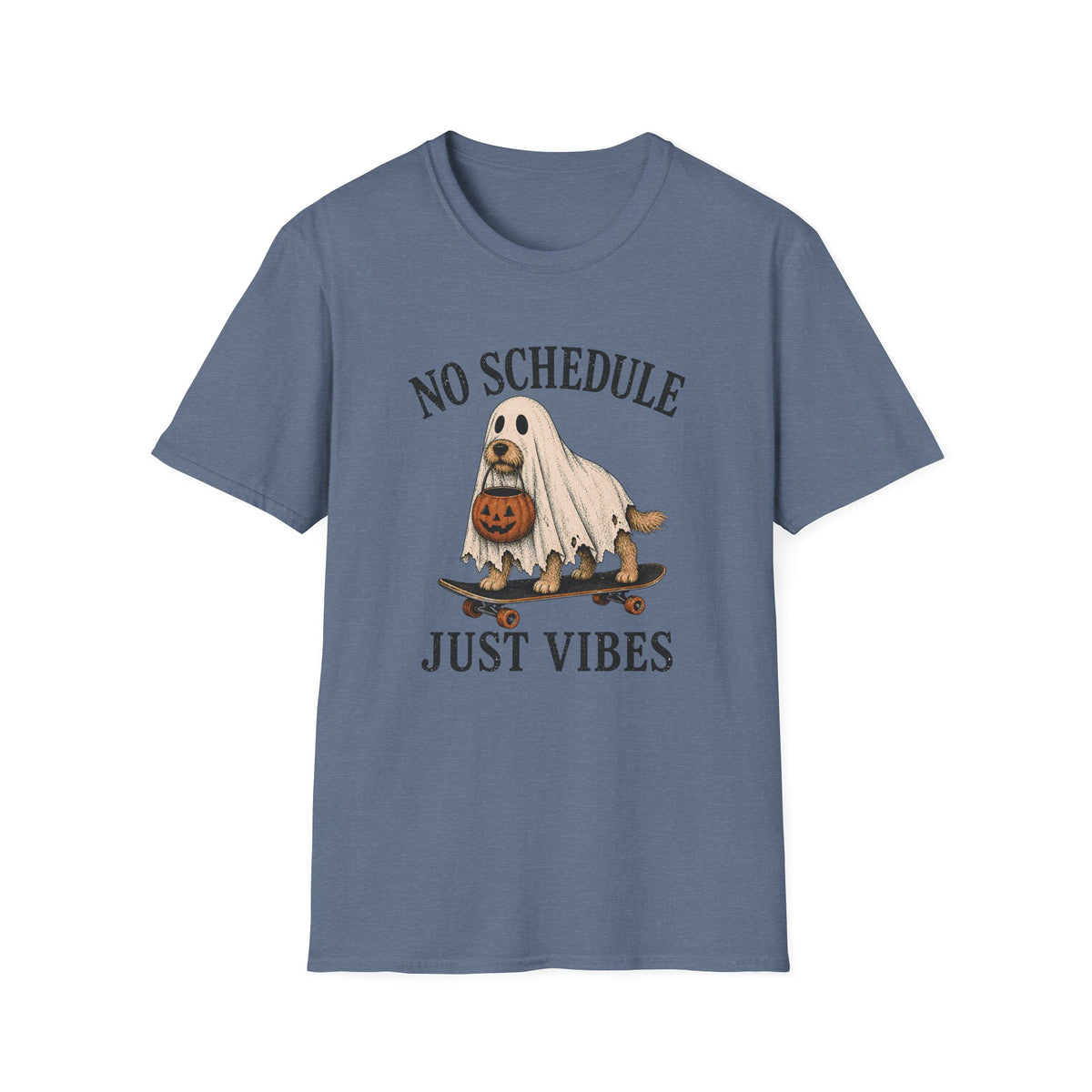 Blue t-shirt with dog on a skateboard halloween graphic and text 'no schedule just vibes'