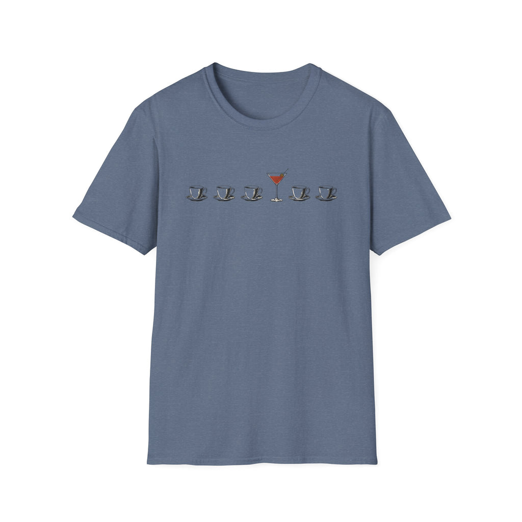Blue short-sleeve crewneck t-shirt featuring a graphic print on the chest of five coffee cups in a row, with the center cup replaced by a martini glass filled with red drink.