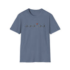 Blue short-sleeve crewneck t-shirt featuring a graphic print on the chest of five coffee cups in a row, with the center cup replaced by a martini glass filled with red drink.
