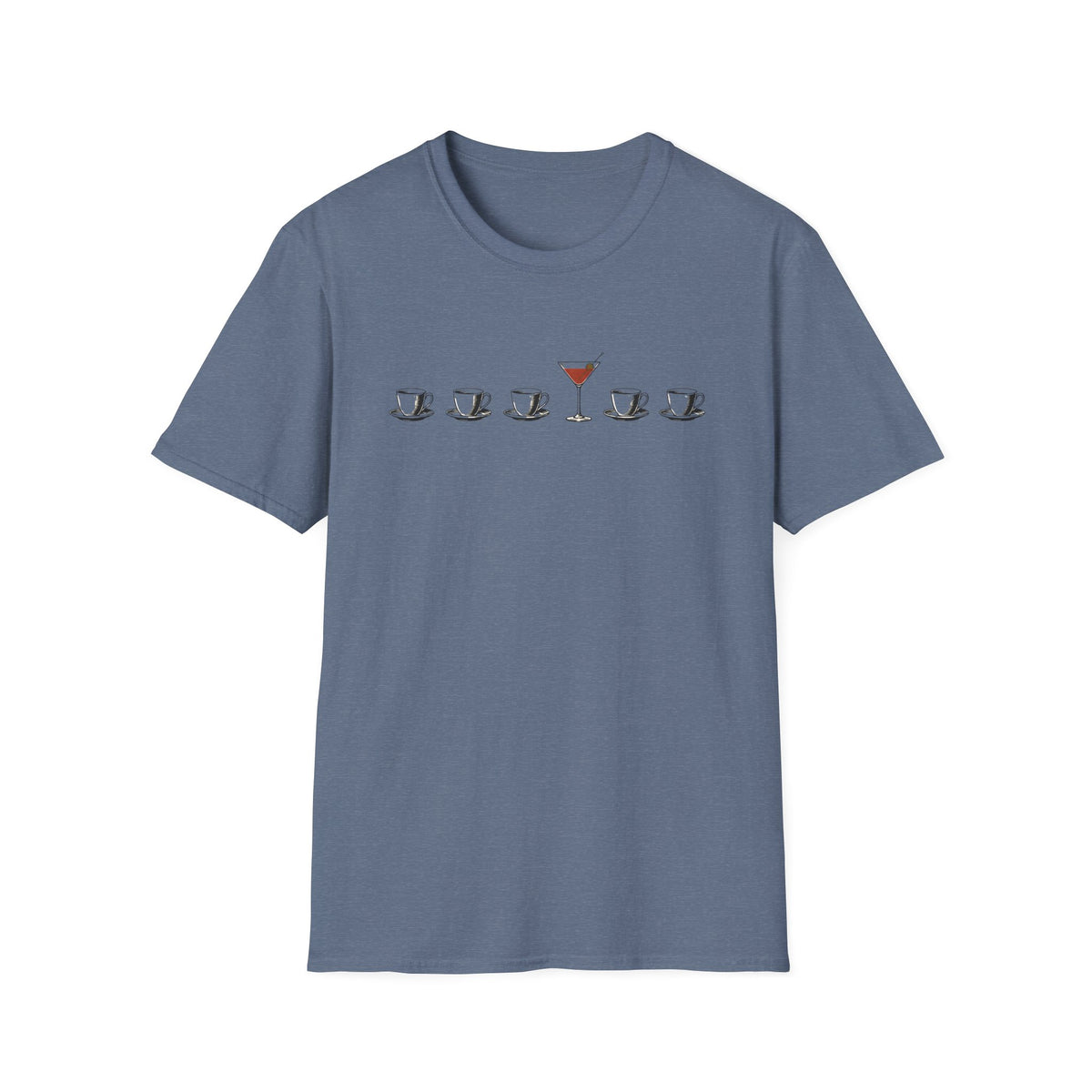 Blue short-sleeve crewneck t-shirt featuring a graphic print on the chest of five coffee cups in a row, with the center cup replaced by a martini glass filled with red drink.