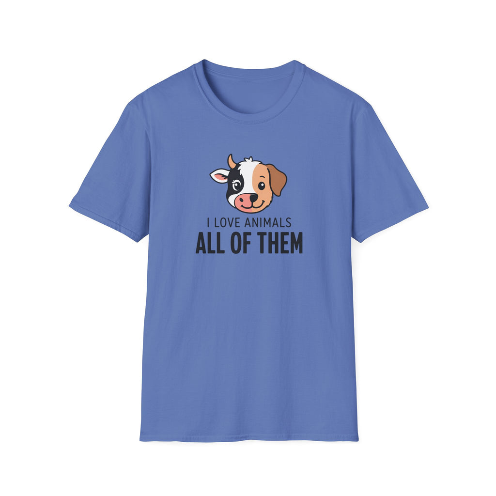 A blue short-sleeve crewneck t-shirt featuring a cartoon dog graphic and the text 'I LOVE ANIMALS ALL OF THEM' printed on the chest, displayed against a solid white background.
