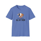 A blue short-sleeve crewneck t-shirt featuring a cartoon dog graphic and the text 'I LOVE ANIMALS ALL OF THEM' printed on the chest, displayed against a solid white background.