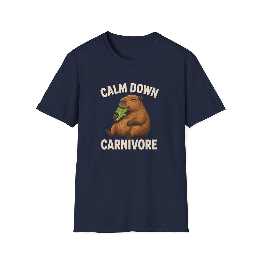 Navy Blue vegan short-sleeve crewneck t-shirt featuring a cartoon graphic of a brown groundhog holding green lettuce, with the text 'CALM DOWN CARNIVORE' printed in beige above and below the illustration.