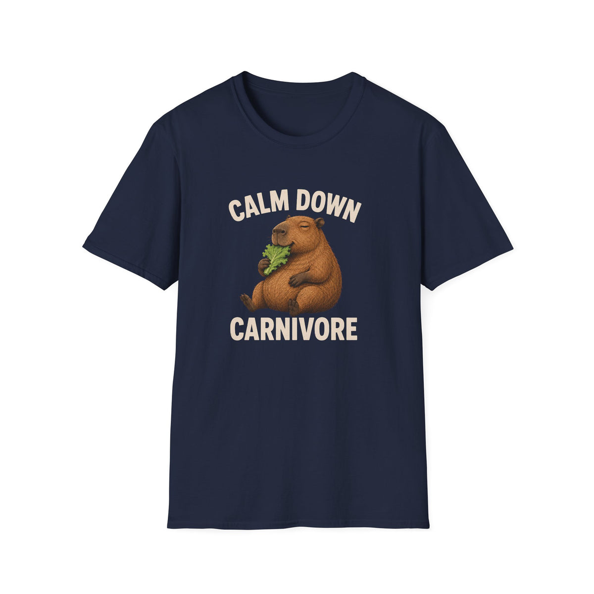 Navy Blue vegan short-sleeve crewneck t-shirt featuring a cartoon graphic of a brown groundhog holding green lettuce, with the text 'CALM DOWN CARNIVORE' printed in beige above and below the illustration.