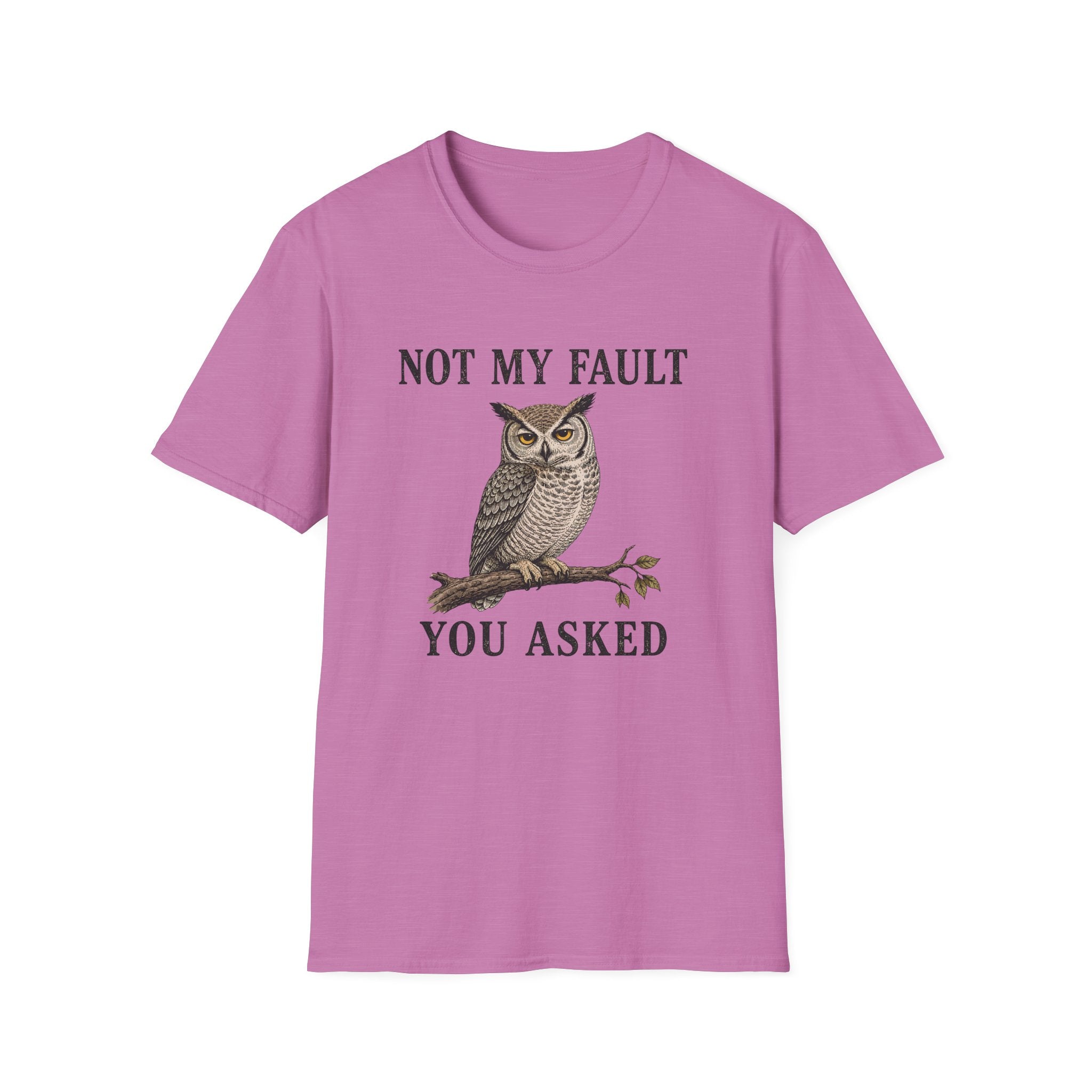 A bright pink graphic t-shirt features a graphic of a owl perched on a branch with the text 'NOT MY FAULT YOU ASKED' in black.