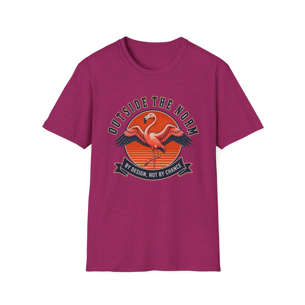 Bright Pink T-shirt with Flamingo design and text 'outside the norm. by design not by chance