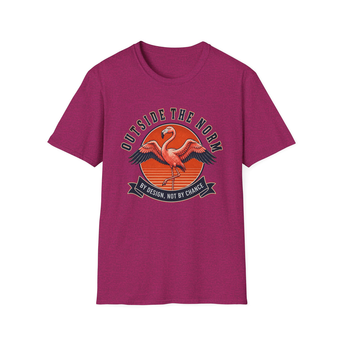 Bright Pink T-shirt with Flamingo design and text 'outside the norm. by design not by chance