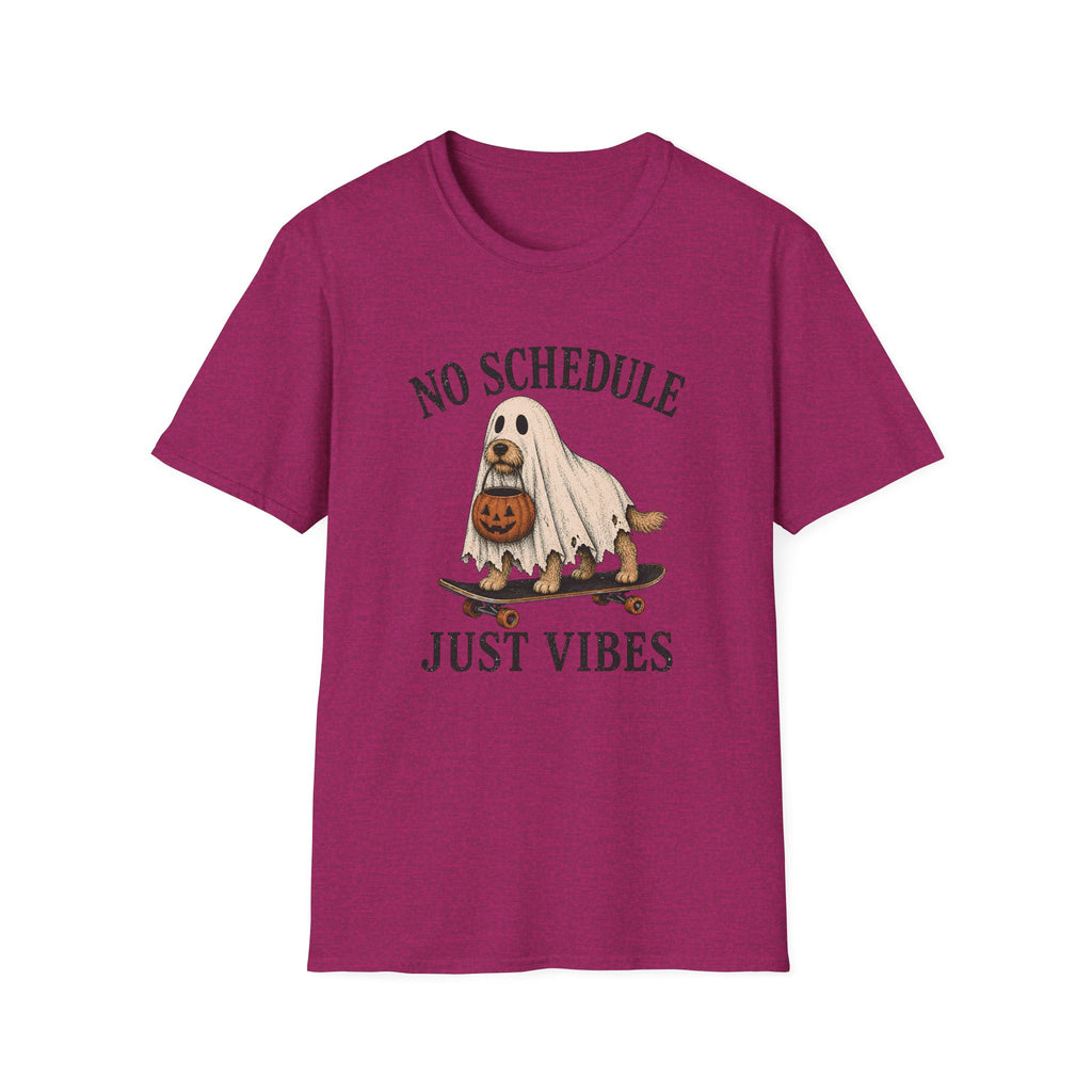 Pink t-shirt with dog on a skateboard halloween graphic and text 'no schedule just vibes'