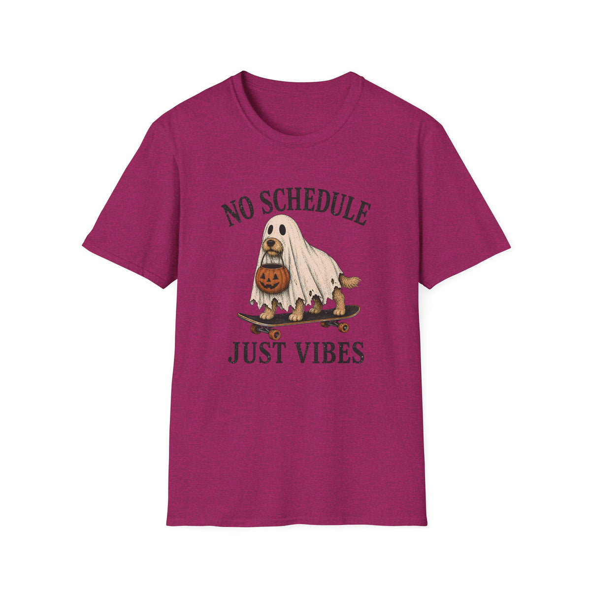 Pink t-shirt with dog on a skateboard halloween graphic and text 'no schedule just vibes'