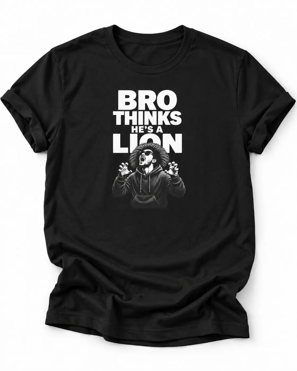 A black short-sleeve vegan crewneck t-shirt with a white graphic print on the front. The text reads 'BRO THINKS HE'S A LION' above an illustration of a man with a beard and sunglasses looking surprised.