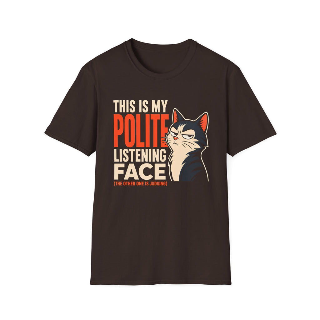 Brown short-sleeve crewneck t-shirt with a graphic print on the front. The graphic features the text 'THIS IS MY POLITE LISTENING FACE' in white and orange lettering next to an illustration of a black and white cat with orange ears.