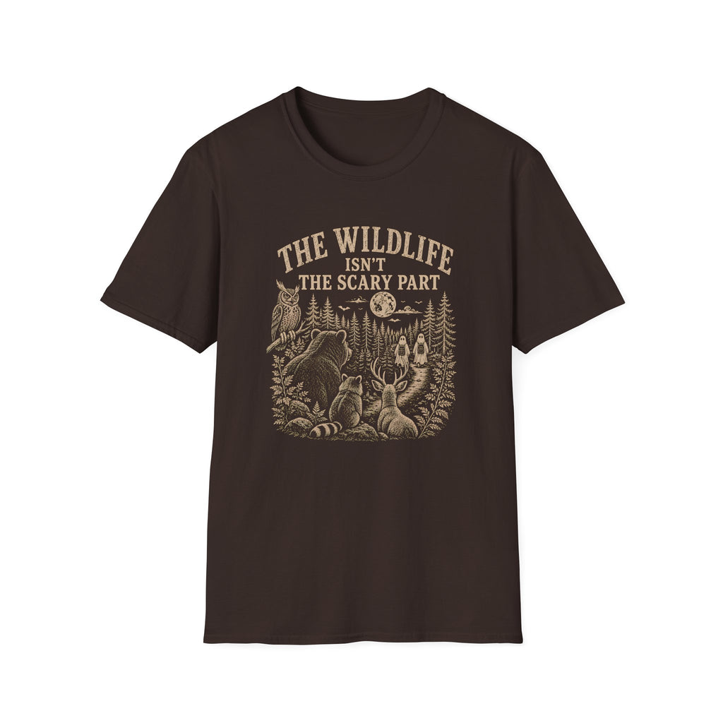 Brown t-shirt with nature graphic of animals and halloween characters walking up a path and text 'the wildlife isn;t the scary part