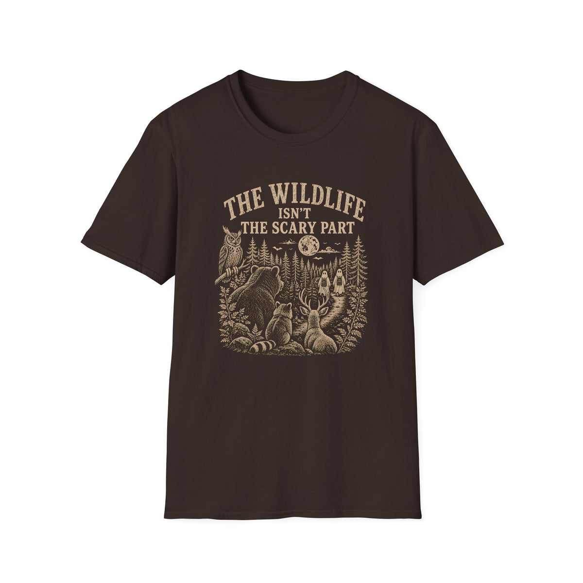 Brown t-shirt with nature graphic of animals and halloween characters walking up a path and text 'the wildlife isn;t the scary part