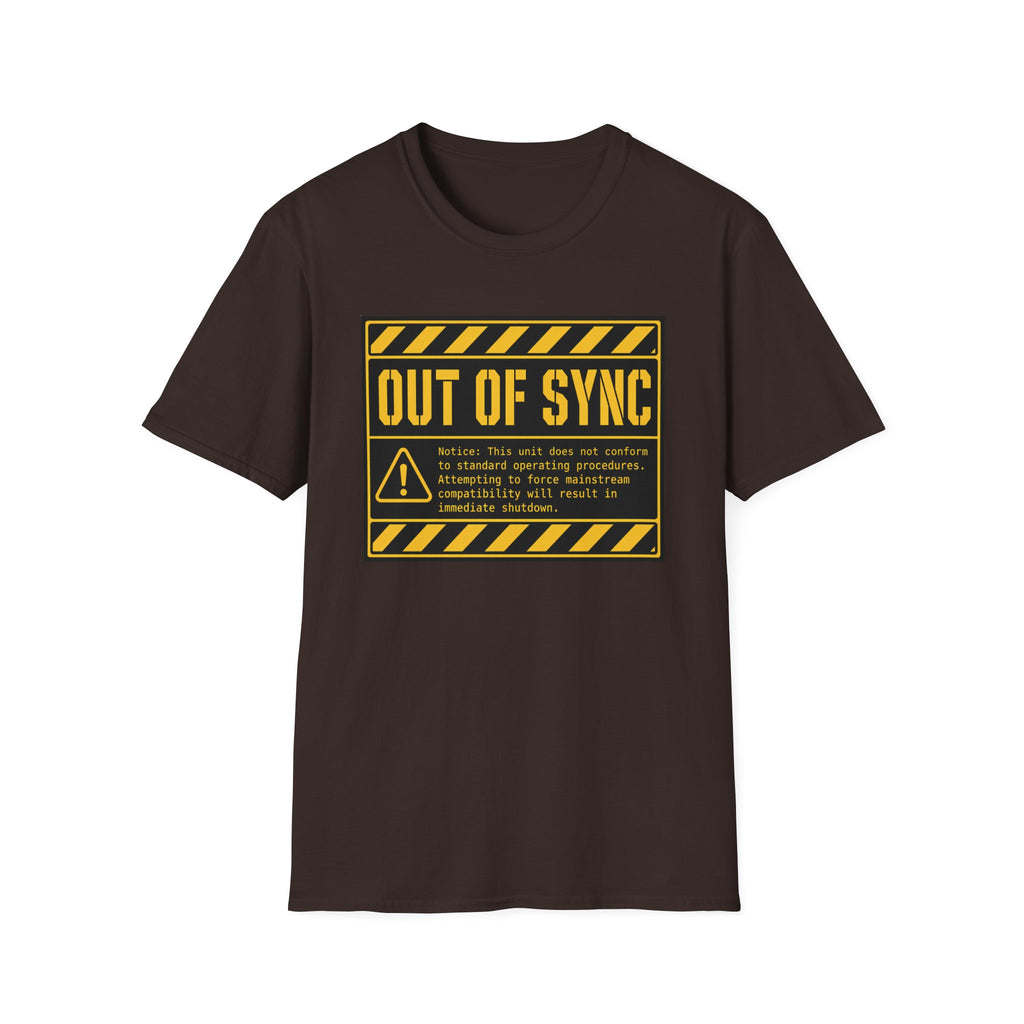 Brown T-shirt with text 'out of sync'