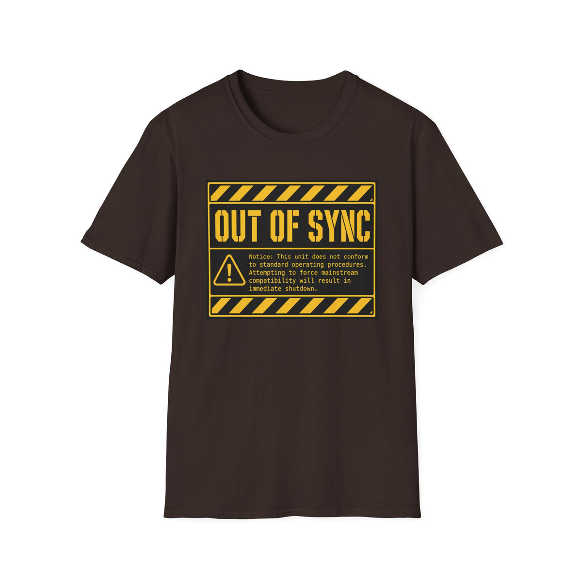 Brown T-shirt with text 'out of sync'