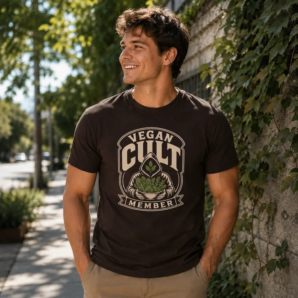 A man wearing a dark brown graphic t-shirt with a 'Vegan Cult Member' design, standing outdoors against a stone wall with green ivy.