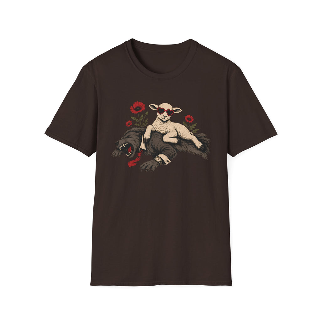 Brown tee with graphic of a sheep lying on a wolf with red flowers surrounding