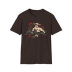 Brown tee with graphic of a sheep lying on a wolf with red flowers surrounding