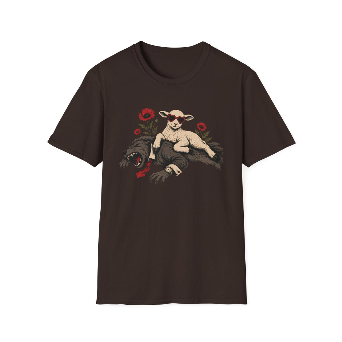 Brown tee with graphic of a sheep lying on a wolf with red flowers surrounding