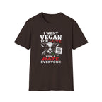 Brown t-shirt with text 'i went vegan for love now i hate everyone'