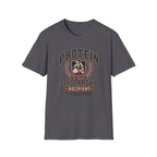 Charcoal T-shirt with Vintage collegiate crest design reading “Protein Scholarship Recipient” with soybean, tofu, and bean illustrations and the words “Majoring in Answering the Same Question.”