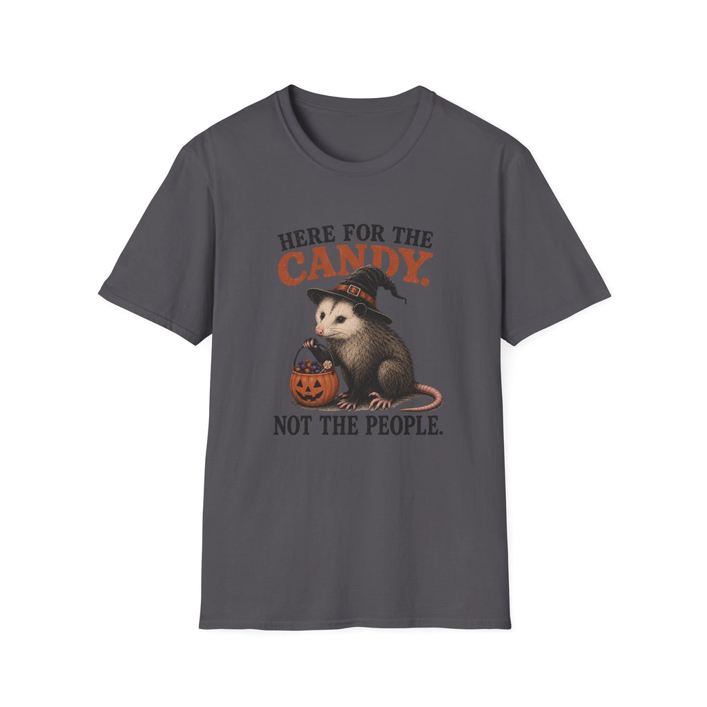 Charcoal T-shirt with a halloween opossum image and text 'here for the candy not the people'