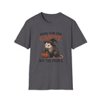 Charcoal T-shirt with a halloween opossum image and text 'here for the candy not the people'