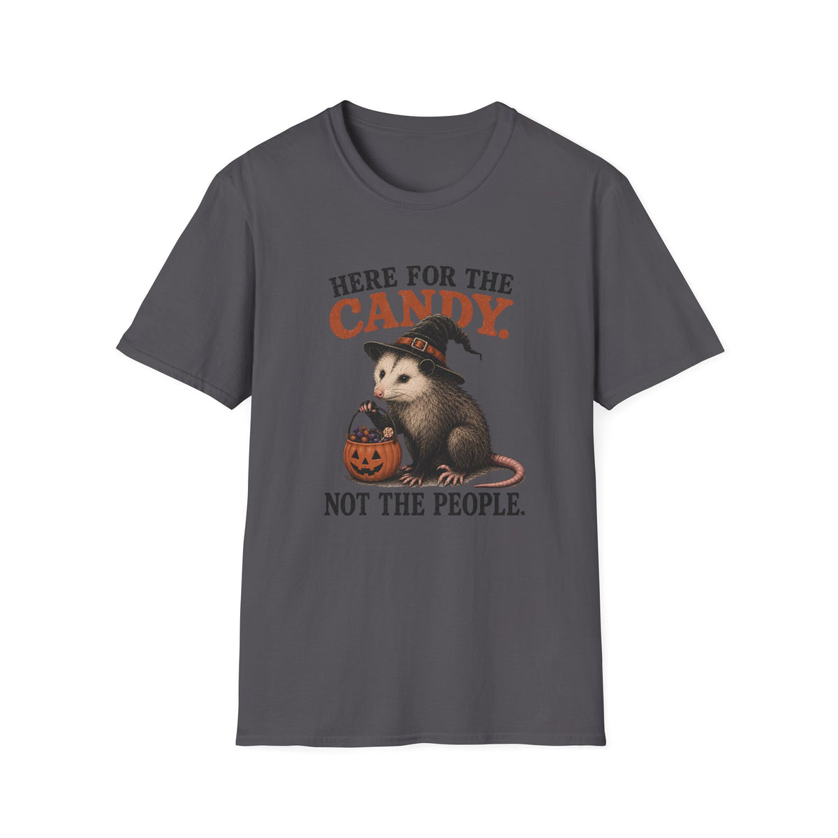Charcoal T-shirt with a halloween opossum image and text 'here for the candy not the people'