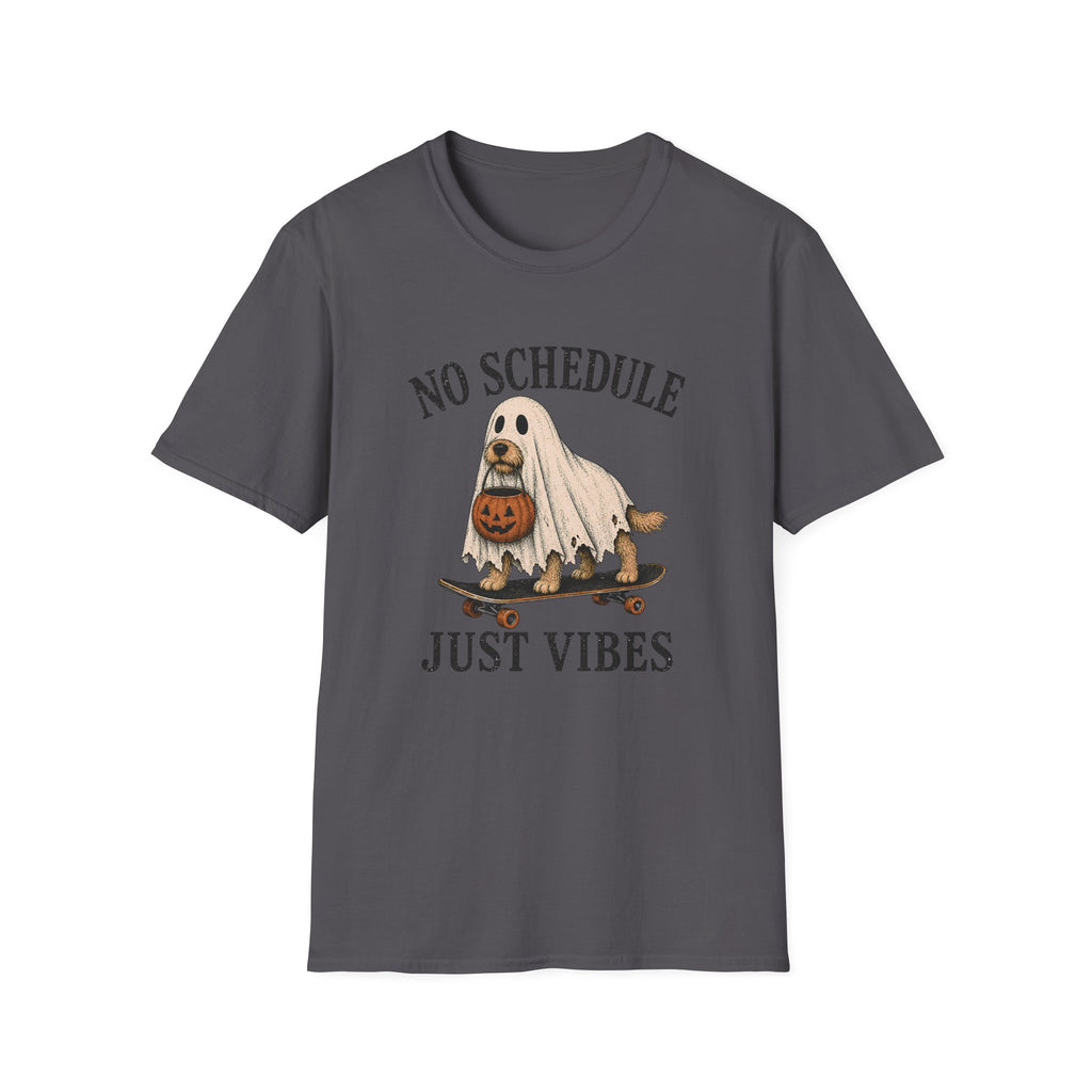 Charcoal t-shirt with dog on a skateboard halloween graphic and text 'no schedule just vibes'