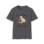Charcoal t-shirt with dog on a skateboard halloween graphic and text 'no schedule just vibes'