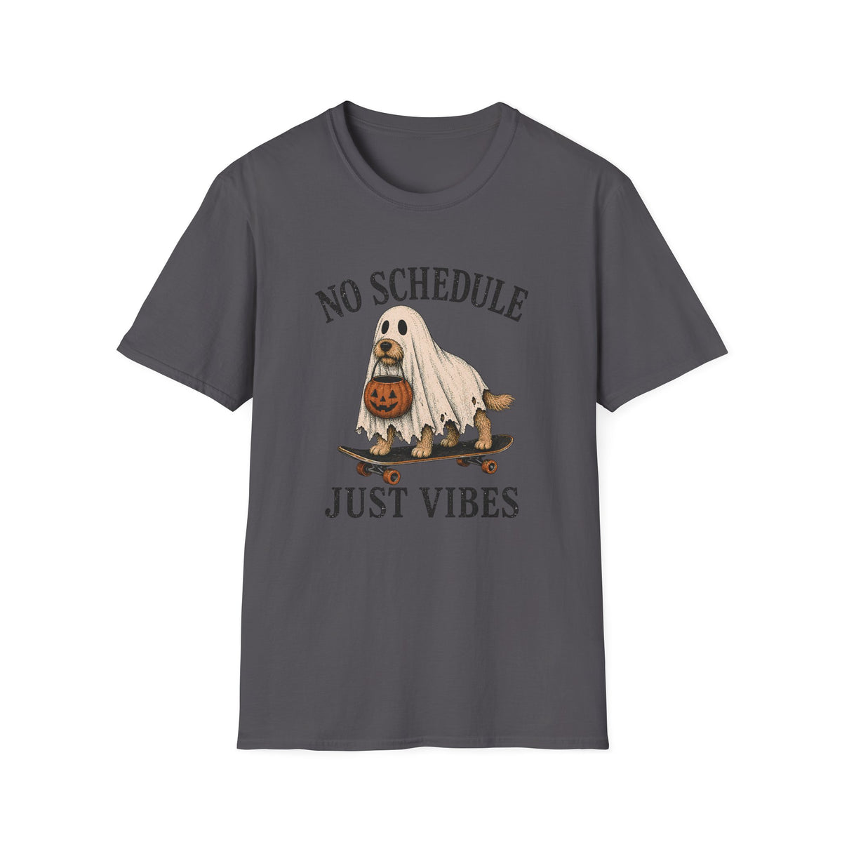Charcoal t-shirt with dog on a skateboard halloween graphic and text 'no schedule just vibes'
