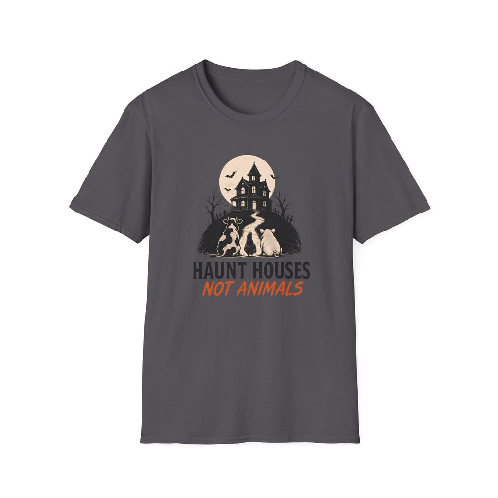 charcoal vegan halloween graphic tee with text 'haunt houses not animals'