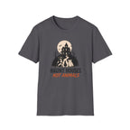 charcoal vegan halloween graphic tee with text 'haunt houses not animals'