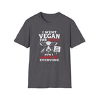 Charcoal t-shirt with text 'i went vegan for love now i hate everyone'