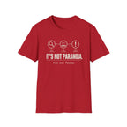 Cherry Red short-sleeve graphic T-shirt with text 'it's not paranoia it's a tuesday'