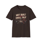 Brown t-shirt with cafe scene and text 'not built for small talk'