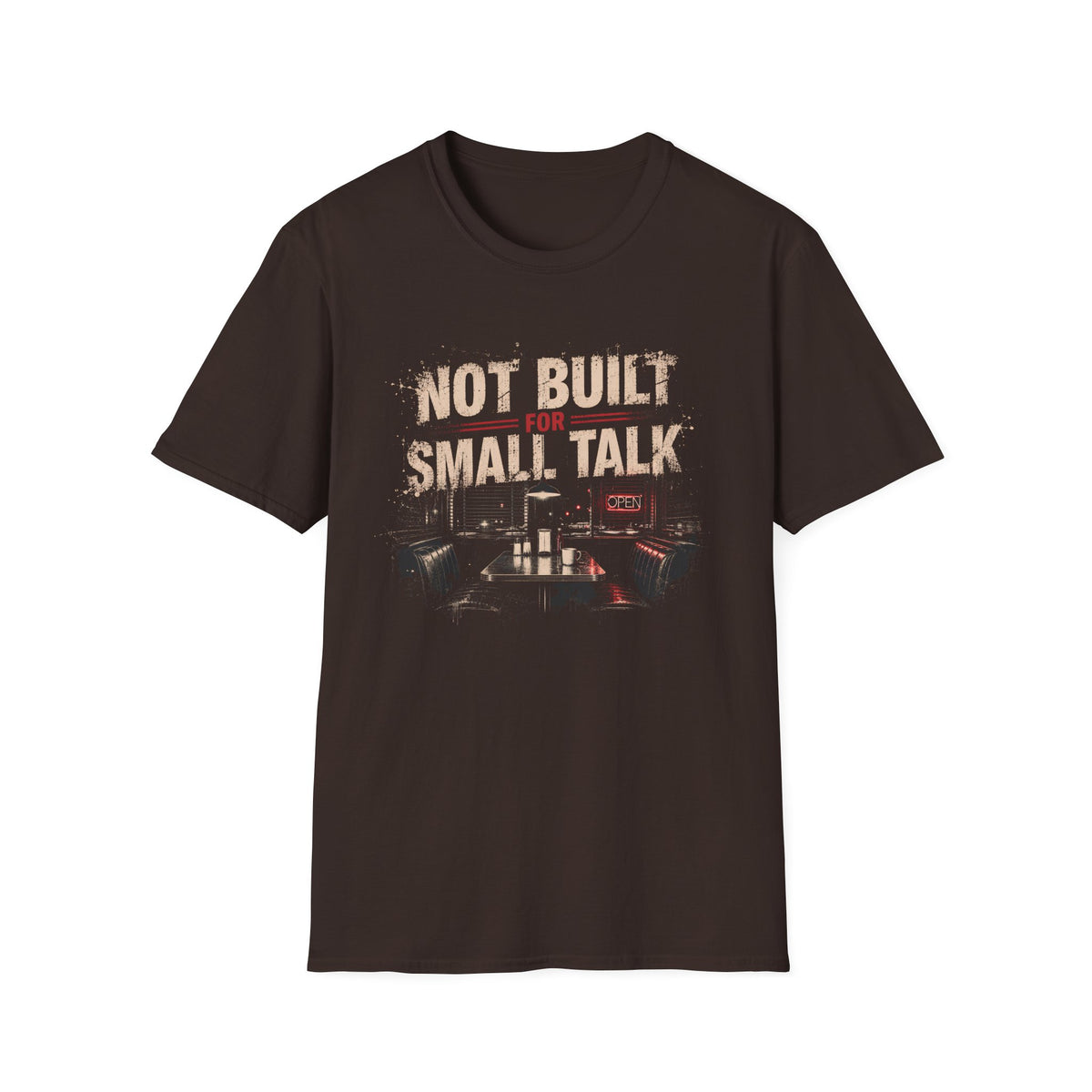 Brown t-shirt with cafe scene and text 'not built for small talk'