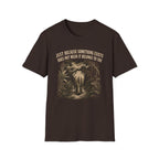 Choc Brown t-shirt with an elephant graphic in the jungle and text 'just because something exists doesn't mean it belongs to you'