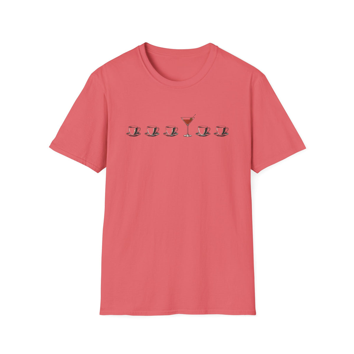 Coral pink short-sleeve crewneck t-shirt featuring a graphic print on the chest of five coffee cups in a row, with the center cup replaced by a martini glass filled with red drink.