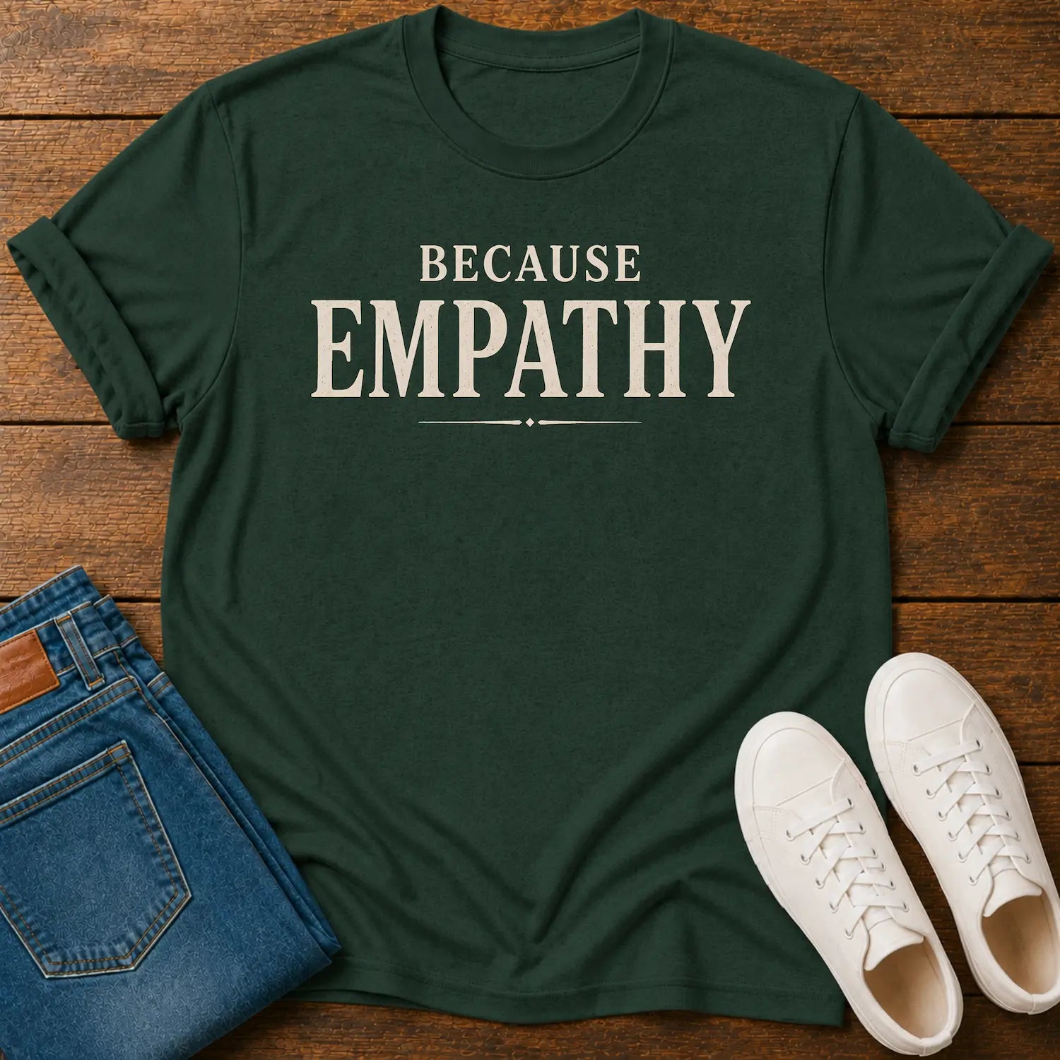 A dark forest green t-shirt with the word 'EMPATHY' printed in large cream-colored letters, styled in a flat lay on a wooden background alongside folded blue jeans and a pair of white sneakers.