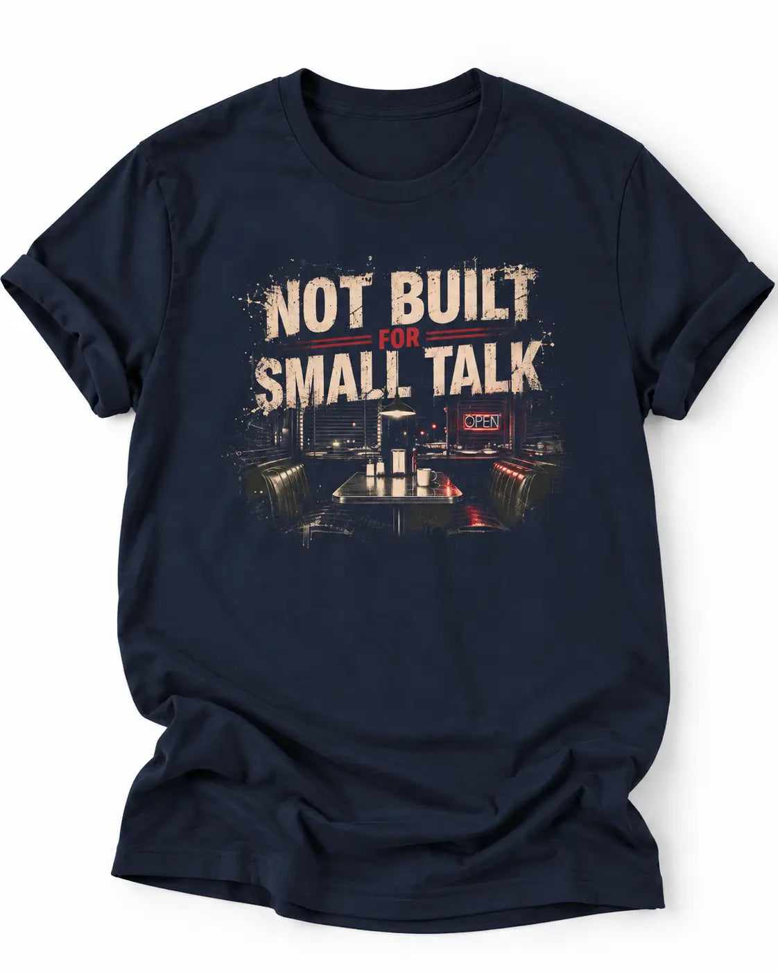Navy Blue T-shirt with cafe scene graphic and text 'not built for small talk'