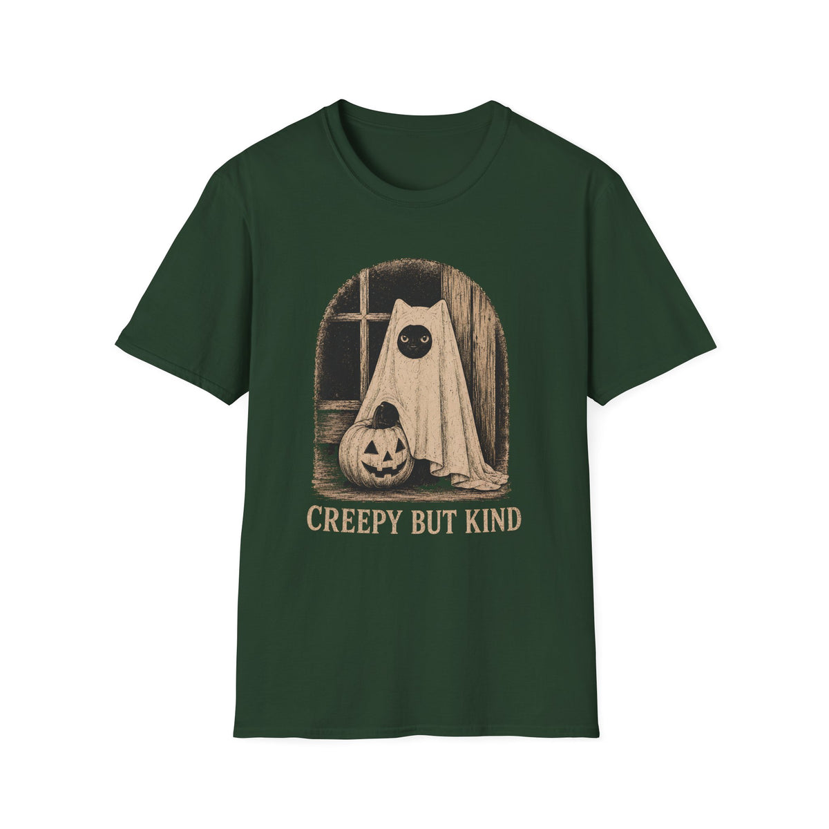 Forest Green short-sleeve t-shirt with a vintage-style Halloween graphic of a ghostly figure in a sheet next to a jack-o'-lantern, with the text 'CREEPY BUT KIND' printed below.