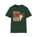 A dark green short-sleeve t-shirt with a graphic print on the front. The graphic features the text 'THIS IS MY POLITE LISTENING FACE' in cream and orange lettering, alongside a cartoon illustration of a black and white cat with a stern expression.