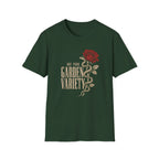 Forest green t-shirt with text 'not your garden variety' and image of a snake wrapped around a rose