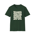 Forest green t-shirt with text 'reading the fine print since day one'