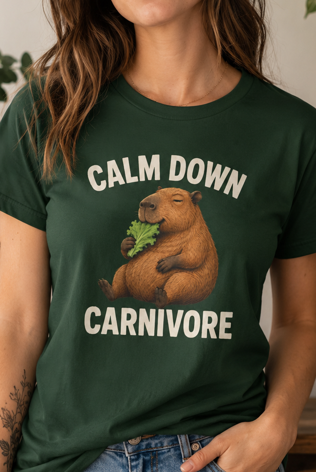 A woman wearing a dark green graphic t-shirt with a cartoon bear eating greens and the text 'CALM DOWN CARNIVORE' in white. She is standing indoors in front of a light-colored wall with potted plants.